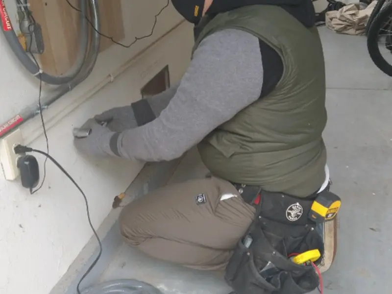 Electrician performing outlet wiring in a Frankford garage